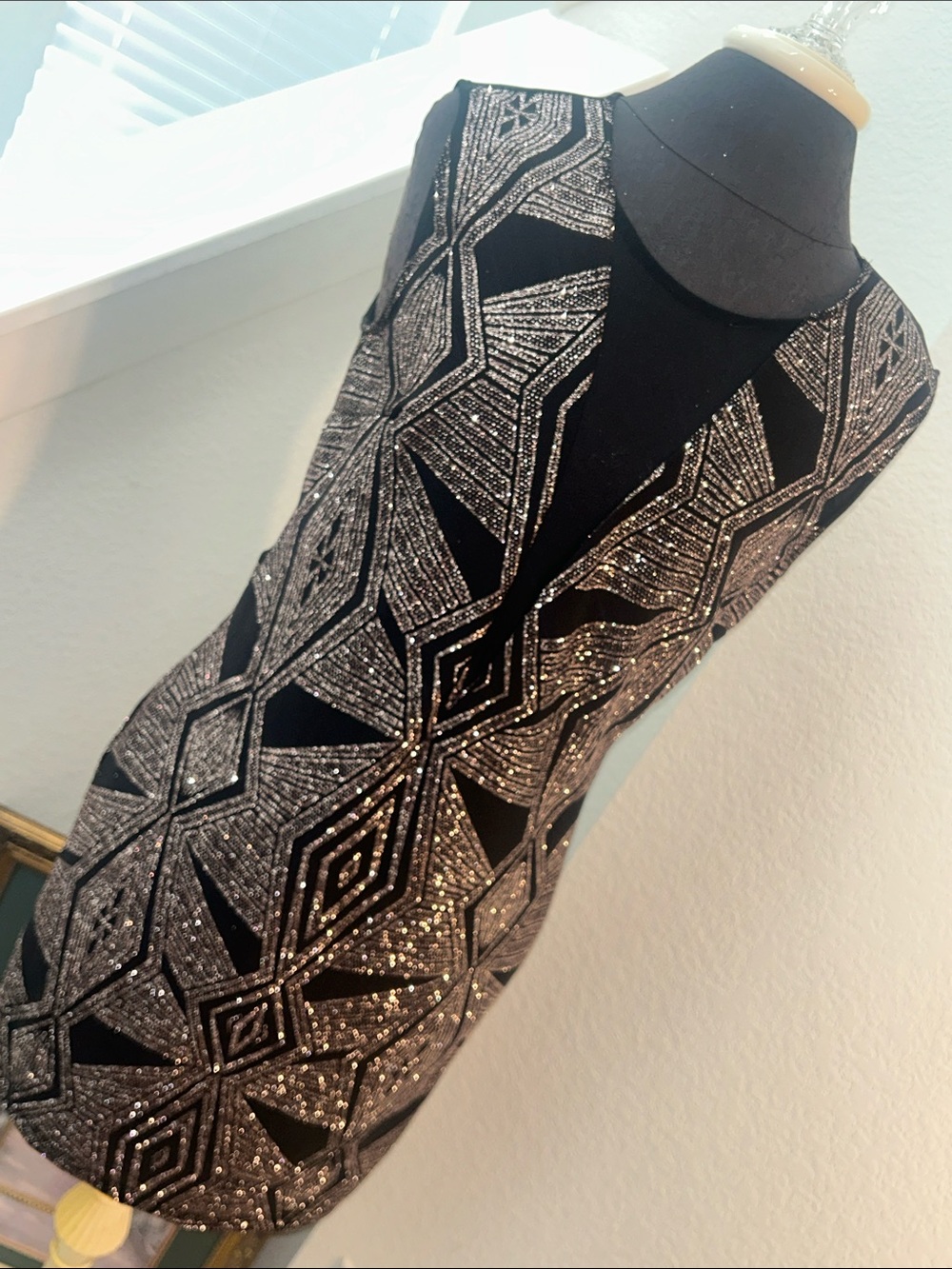 VENUS Black and Rose Gold Sparkle Geometric Sheath Dress